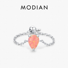 Real 925 Sterling Silver Water Drop Opal Sparkling Ring Charm Adjustable Heart Link Chain Jewelry For Women