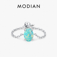 925 Sterling Silver Adjustable Link Chian Ring Charm Green Oval Opal Finger Rings For Women Fine Jewelry