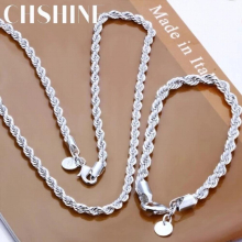 925 sterling silver 4MM women men chain male twisted rope necklace bracelets Silver jewelry Set