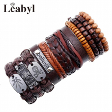 10 PCS/SET Leabyl Classic Series Handwork Leather Rope Strap Hiphop Vintage Bracelet Set Multilayer Punk Bracelet for Men