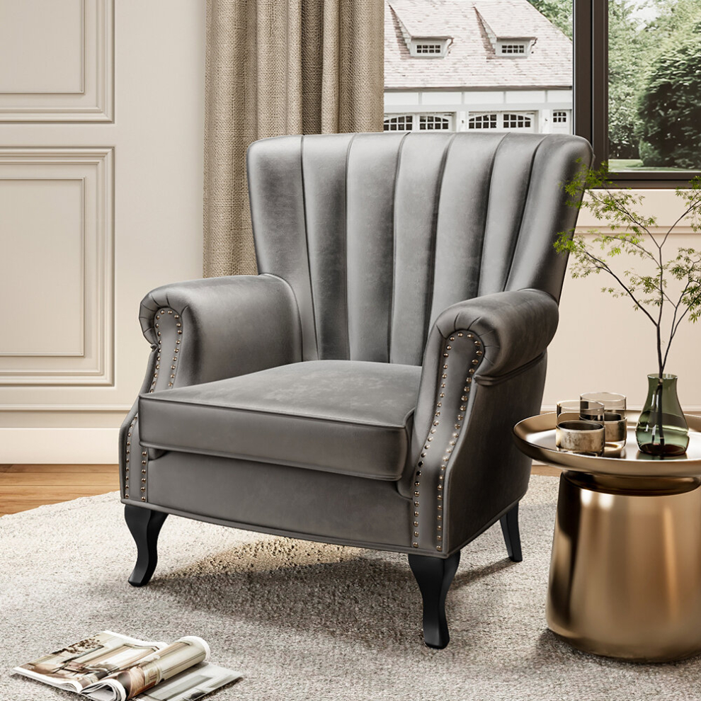 (Grey) Velvet Armchair Wing Back Lounge Accent Chair Sofa