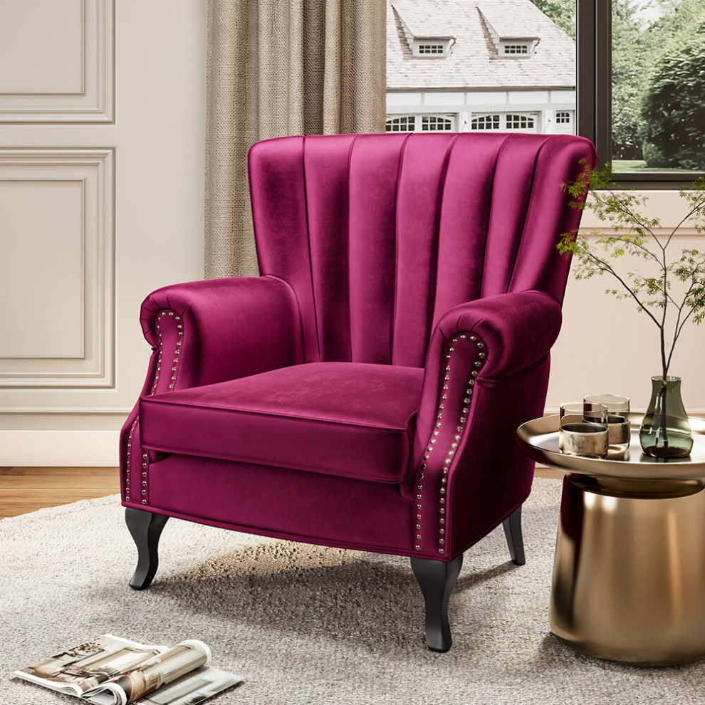 (Wine Red) Velvet Armchair Wing Back Lounge Accent Chair Sofa