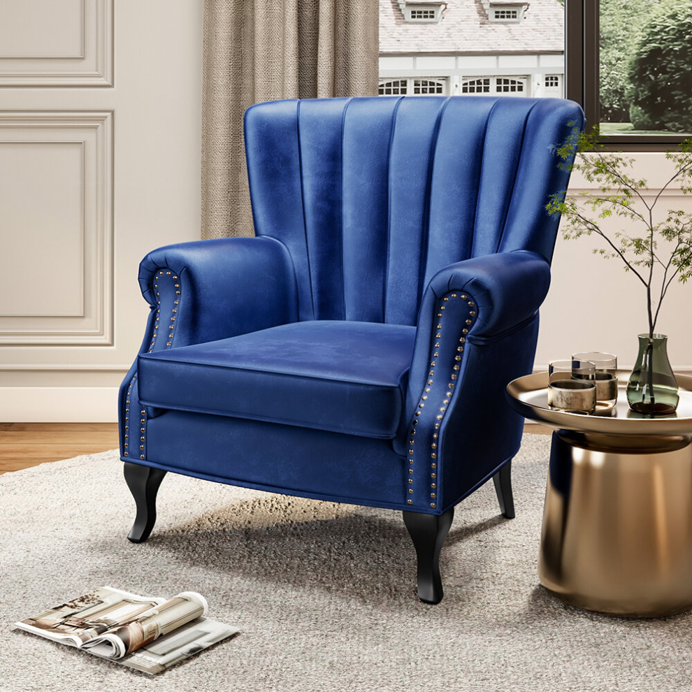 (Midnight Blue) Velvet Armchair Wing Back Lounge Accent Chair Sofa