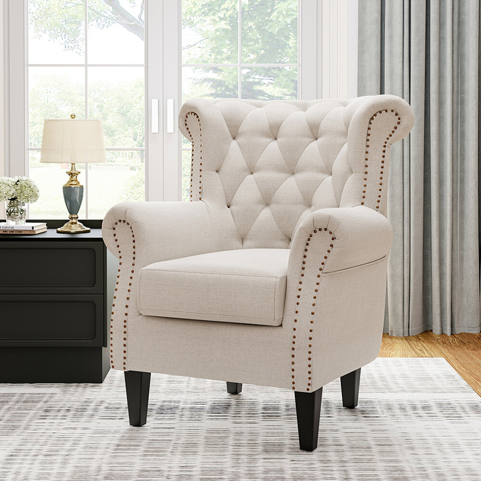 (Cream) Linen Fabric Wing Back Armchair Accent Chair