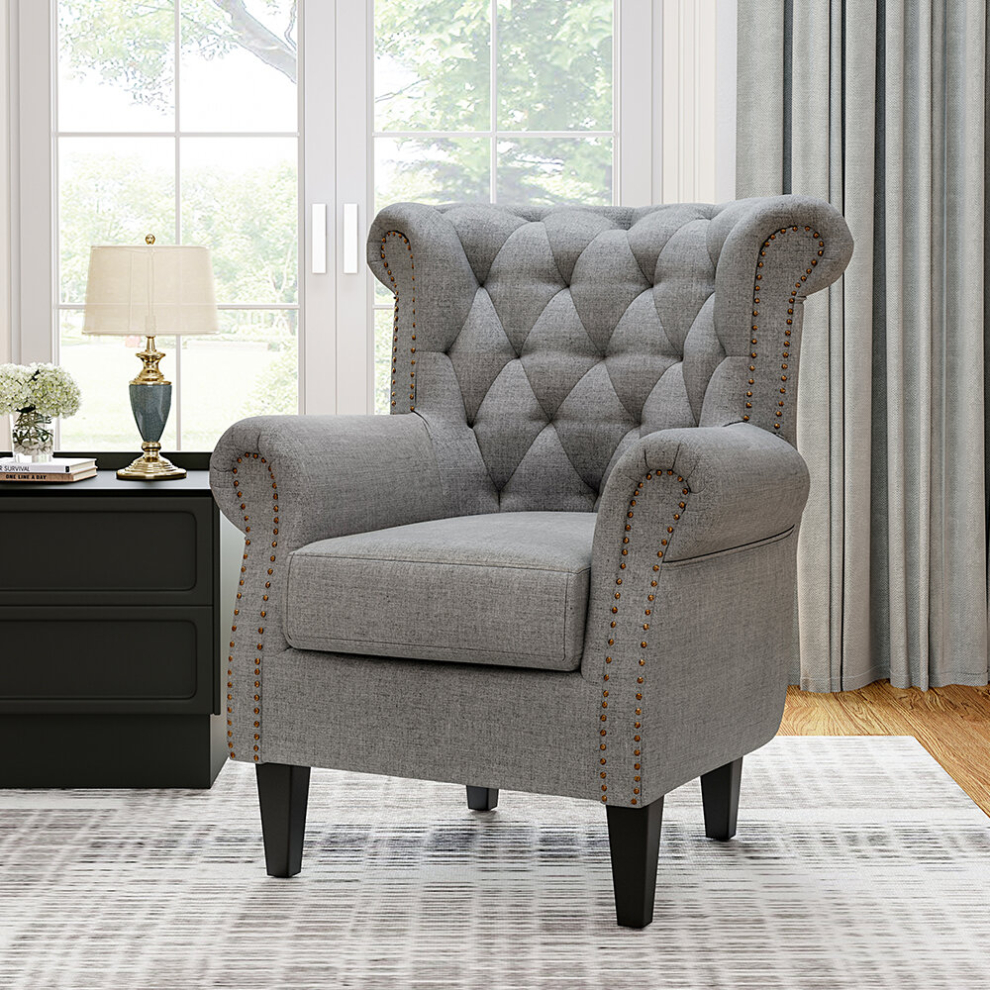 (Grey) Linen Fabric Wing Back Armchair Accent Chair