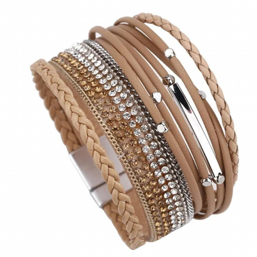 Women Leather Bracelet Femme Bohemian Multi-layer Crystal Vintage Female Braid Rope Wrap Bracelets & Bangles Jewelry-image-OPC-PCW99CG-NEW