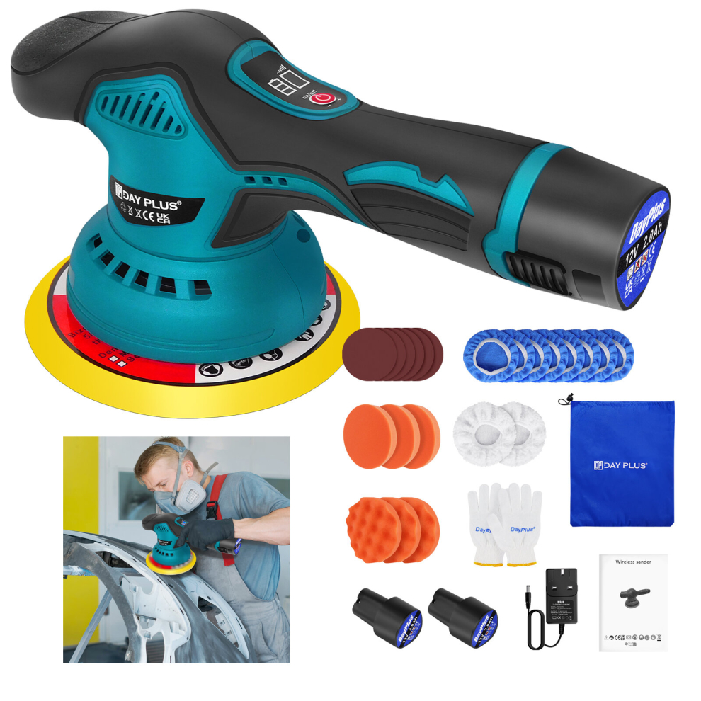 Electric Polisher Kit Variable Speed Cordless Car Buffer Machine 300W with 2 Li-ion Battery Sponges for Car Furniture Polishing