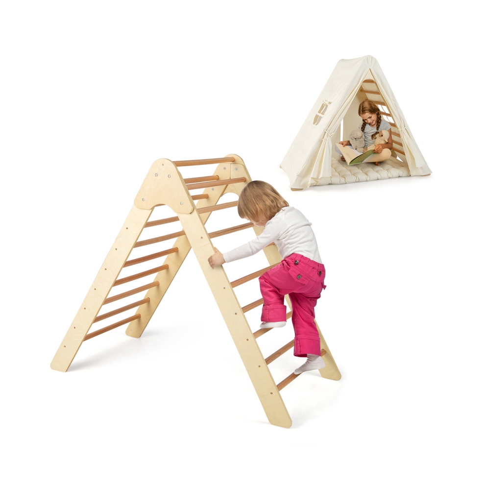 2-in-1 Triangle Kids Climber Set Wooden Climb Play Tent w/ 7cm Thick Pad