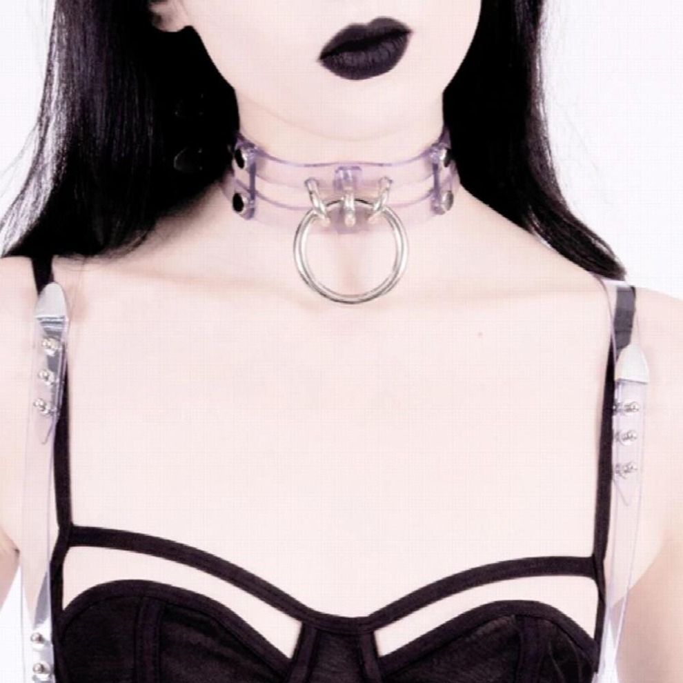 Sexy Harajuku Hot Dark Double Row O-round Rivet Necklaces Clear Leather punk Choker Rock Collar Goth