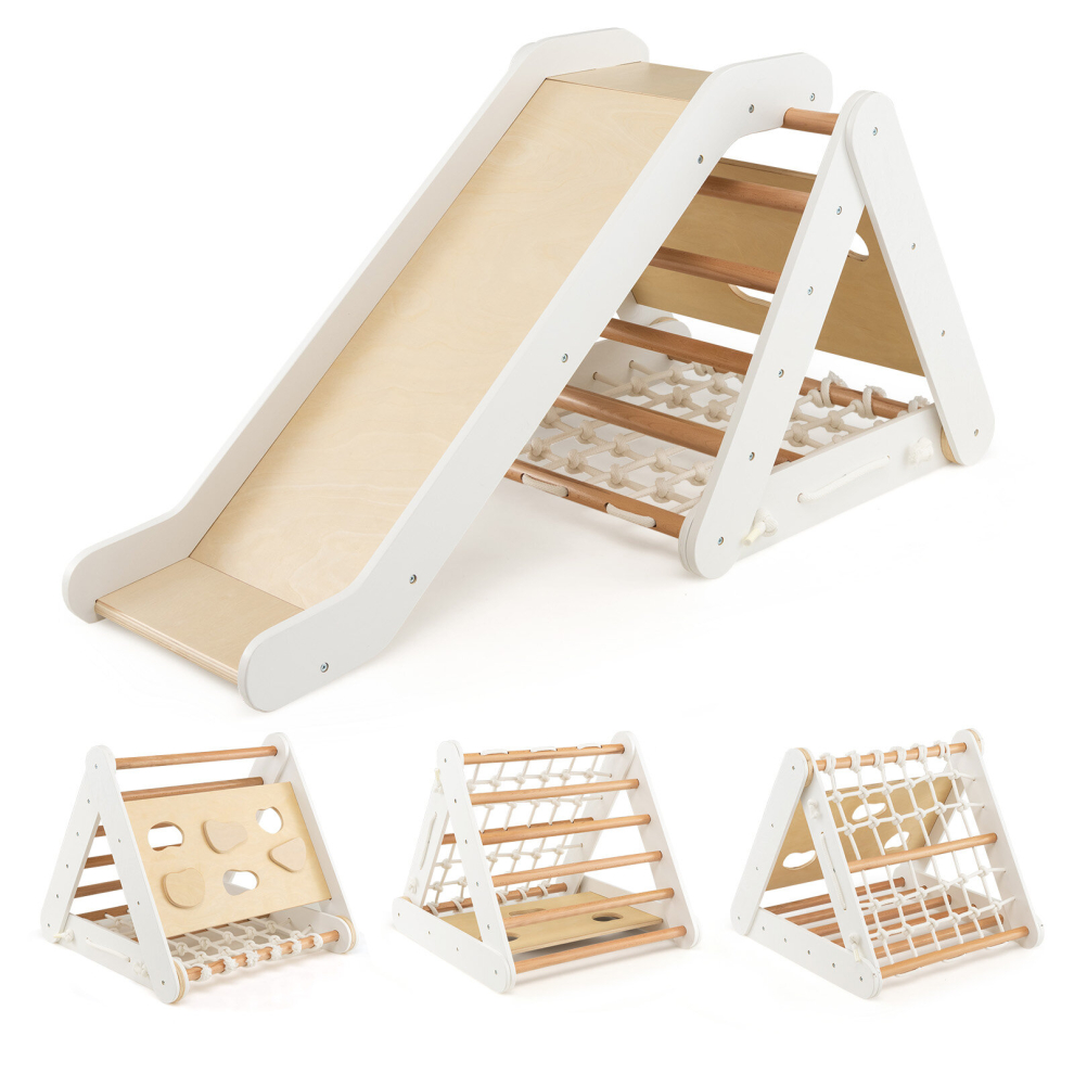 4-in-1 Triangle Climber Set Wooden Toddler Climber w/ Ramp Sliding Board