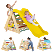 4-in-1 Triangle Climber Set Wooden Toddler Climber w/ Ramp Sliding Board