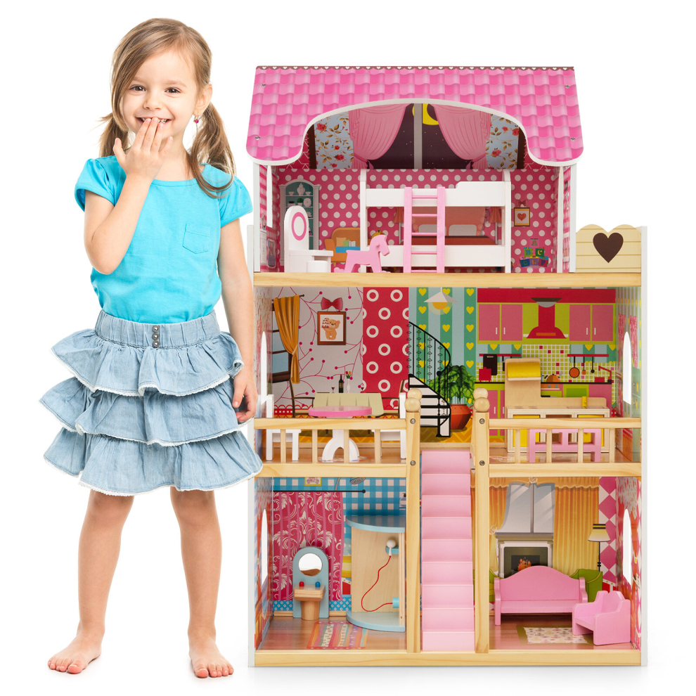 Kids Wooden Play House Set 3-Floor Family Dollhouse Playset w/Furniture