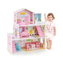 Kids Wooden Play House 5 Rooms Family Dollhouse Playset w/ Furniture