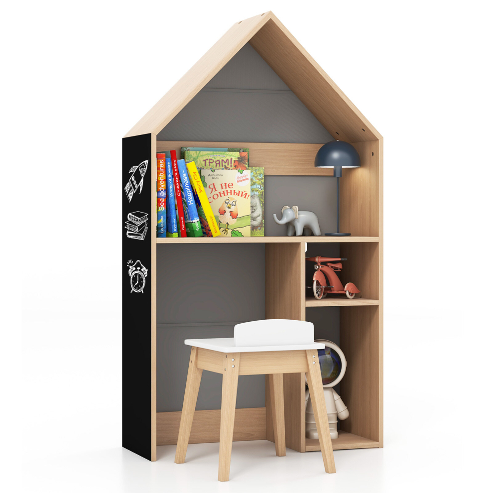 Casart Kids Table And Chair Set 2-In-1 Wooden House-Shaped Desk W/Study Stool