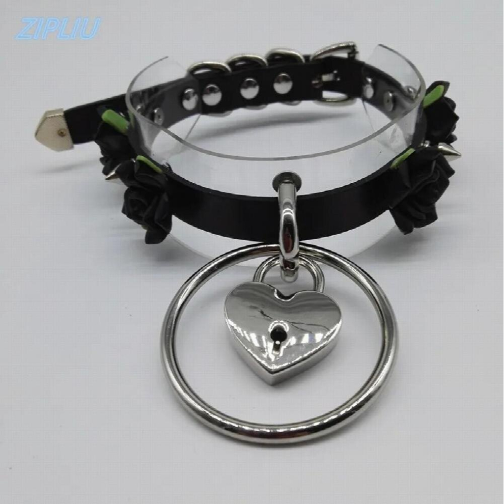 Sexy Harajuku punk two layer Leather Choker Necklace Flower O-Round Rivets Lock Collar Necklace torque belt