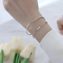 Silver Sweet Gothic Butterfly Womens Bracelet Double Layer Kpop Girl Charm Bracelet Accessories Jewelry