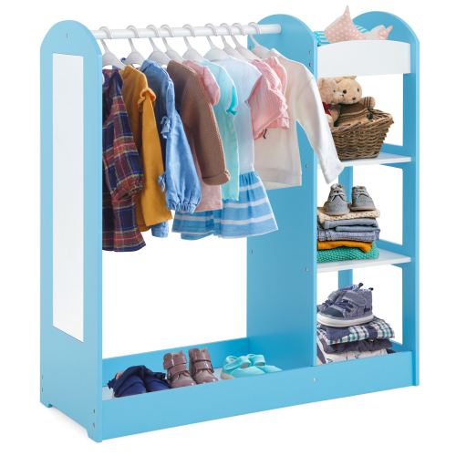 Kids Dress Up Wardrobe Storage Rack Kids Play Armoire Dresser w/Mirror