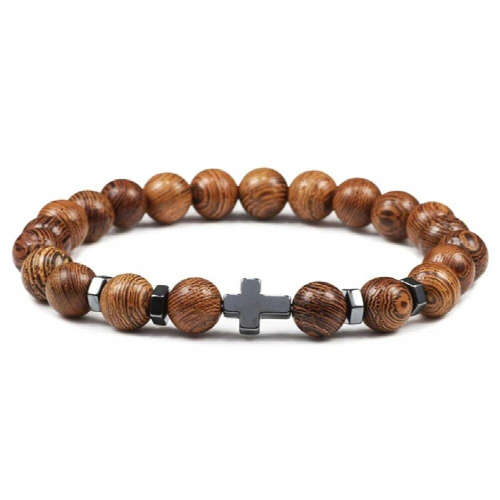 Classic 8mm Wooden Beads Bracelet Men Charm Cross Buddha Head Chakra Natural Stone Braslets for Women Yoga Prayer Jewelry