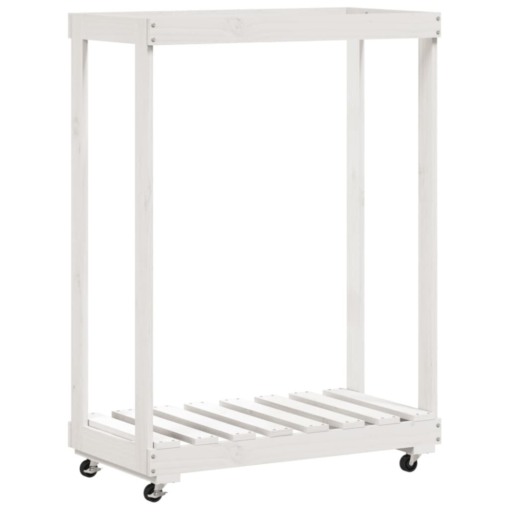 (white) vidaXL Log Holder with Wheels Firewood Rack Log Wood Storage Solid Wood Pine