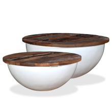 vidaXL Solid Reclaimed Wood Coffee Table Set 2 Piece White Bowl Shape Stand