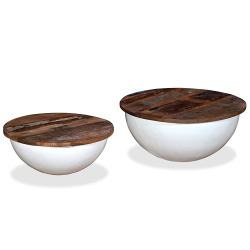 VidaXL vidaXL Solid Reclaimed Wood Coffee Table Set 2 Piece White Bowl Shape Stand 1
