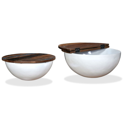 VidaXL vidaXL Solid Reclaimed Wood Coffee Table Set 2 Piece White Bowl Shape Stand 2