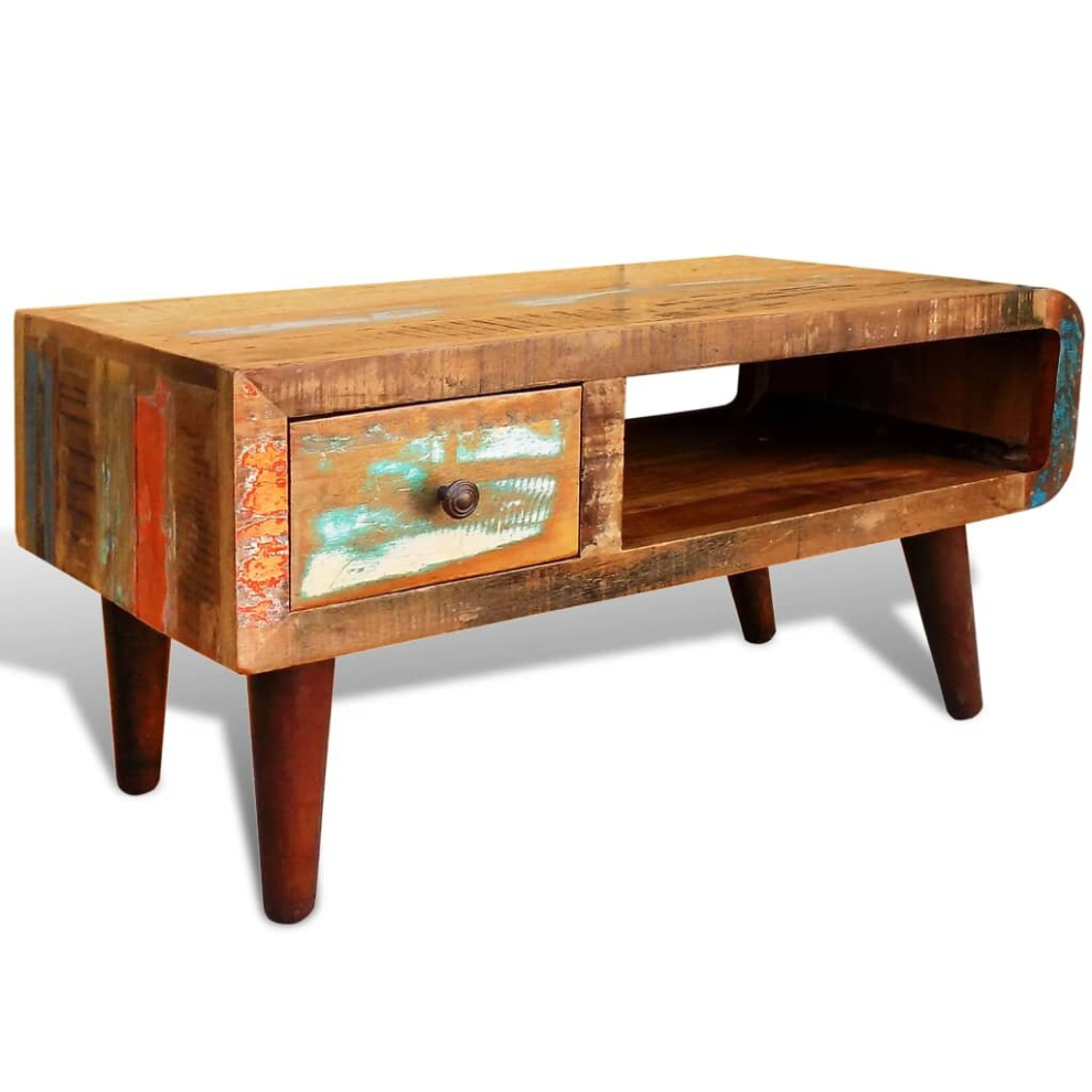 vidaXL Coffee Table with Curved Edge 1 Drawer Reclaimed Wood Home Furniture