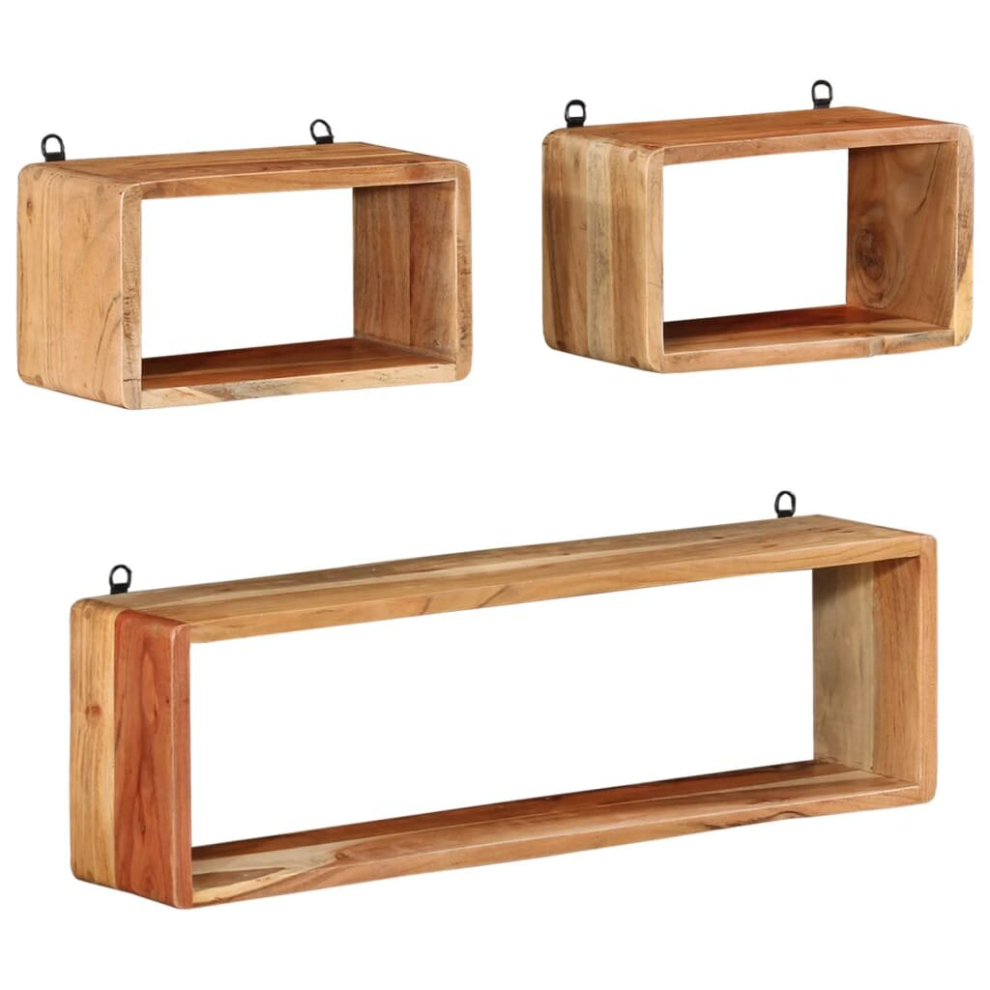 vidaXL Soild Acacia Wood Wall Cube Shelf Set 3 Piece Hanging Dvd Storage Shelf