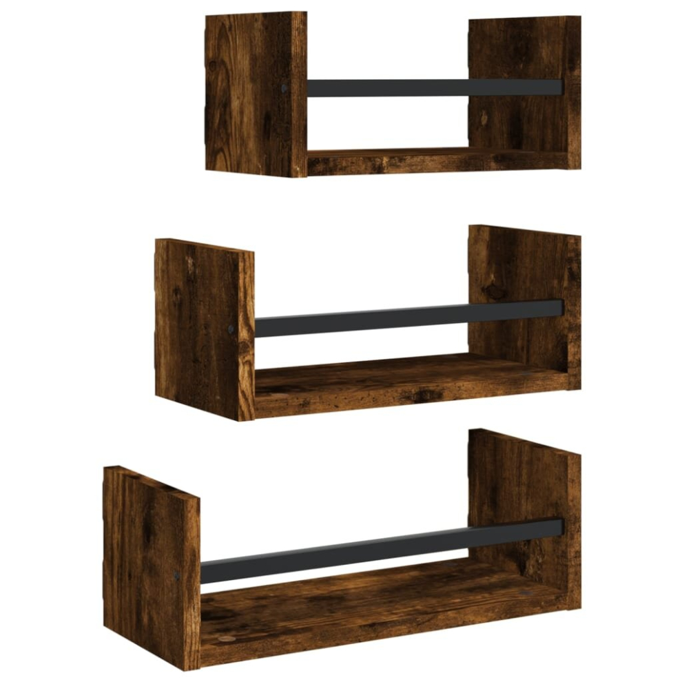 (Smoked Oak) Vidaxl Wall Shelf Set 3 Piece With Bars Floating Shelf Rack Engineered Wood 8721012126077