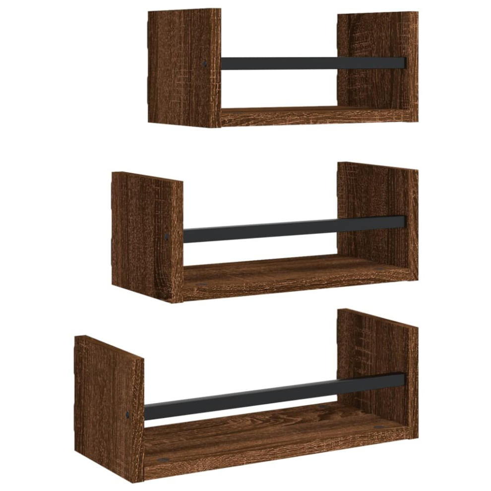 (brown oak) vidaXL Wall Shelf Set 3 Piece with Bars Floating Shelf Rack Engineered wood