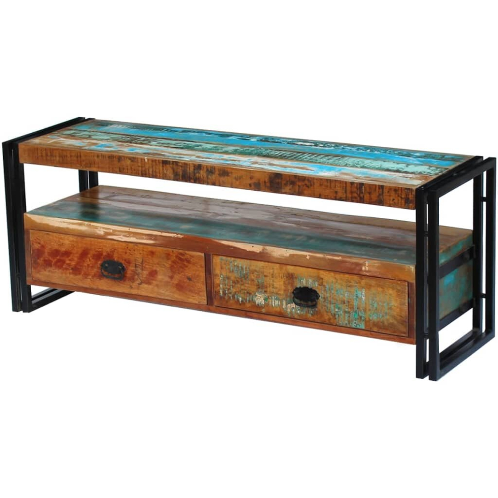 Vidaxl Tv Hi-Fi Side Cabinet Stand Solid Recycled Reclaimed Wood 2 Drawers Handmade