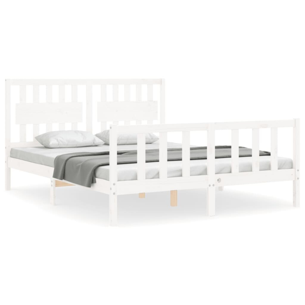 vidaXL Bed Frame Bed Base Wooden Bed with Headboard White King Size Solid Wood