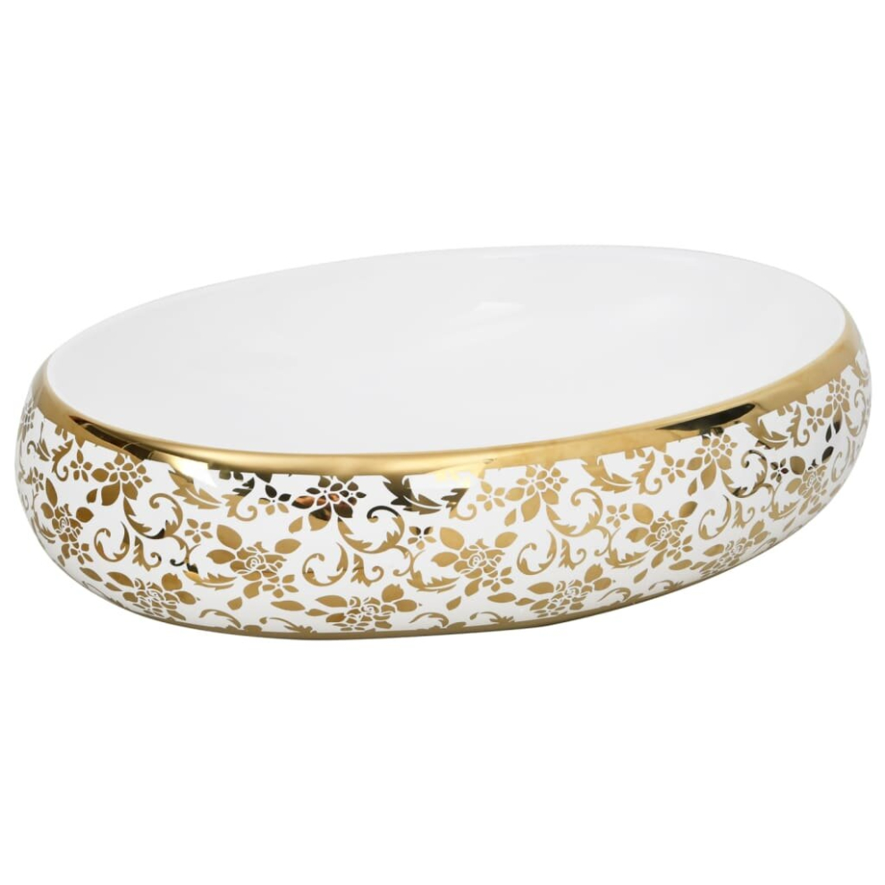 (White And Gold, 59 X 40 X 15 Cm) Vidaxl Countertop Basin Bathroom Sink Wash Basin Vessel Sink Oval Ceramic 8721012119208