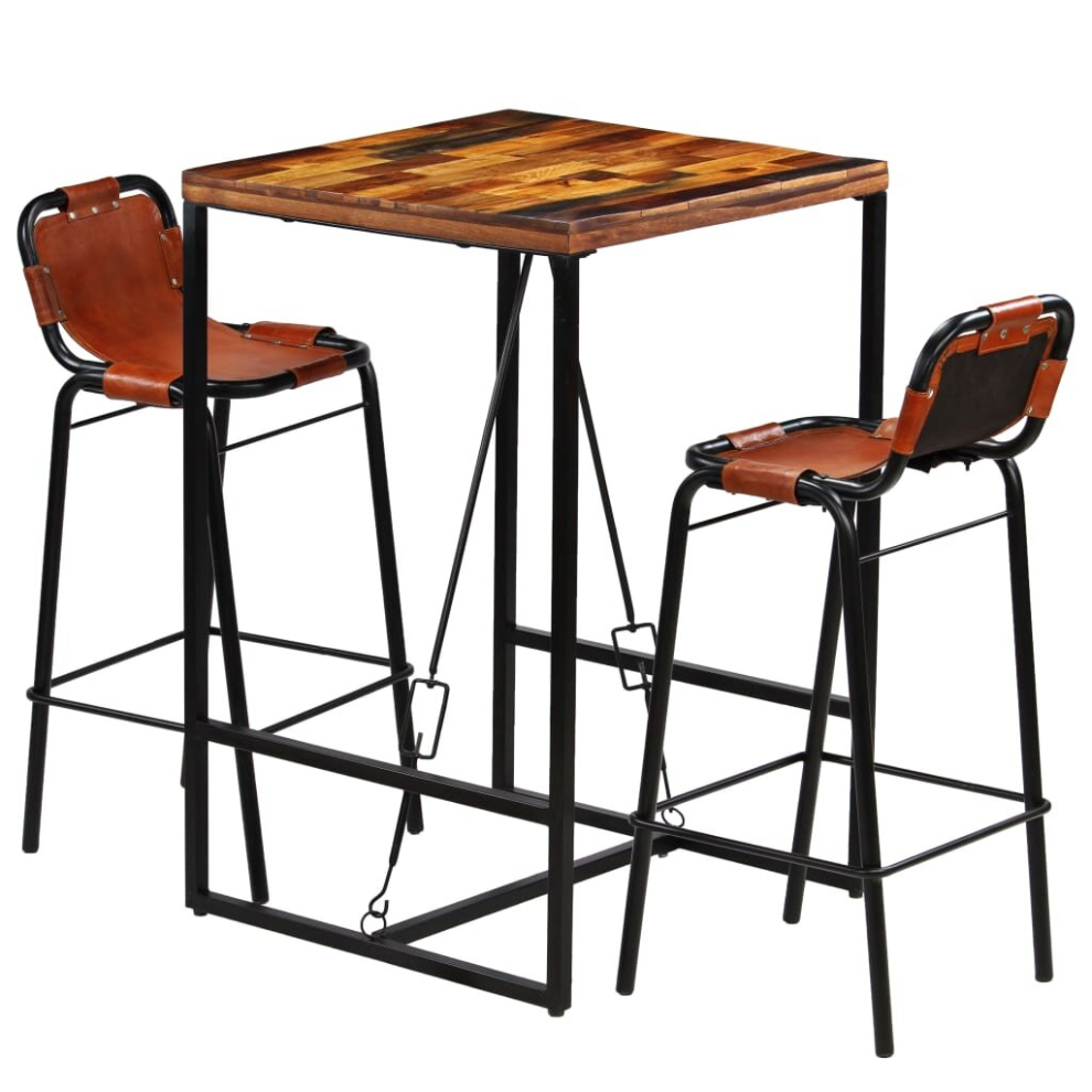 (3 piece) vidaXL Bar Set Dining Chair Solid Reclaimed Wood and Genuine Goat Leather