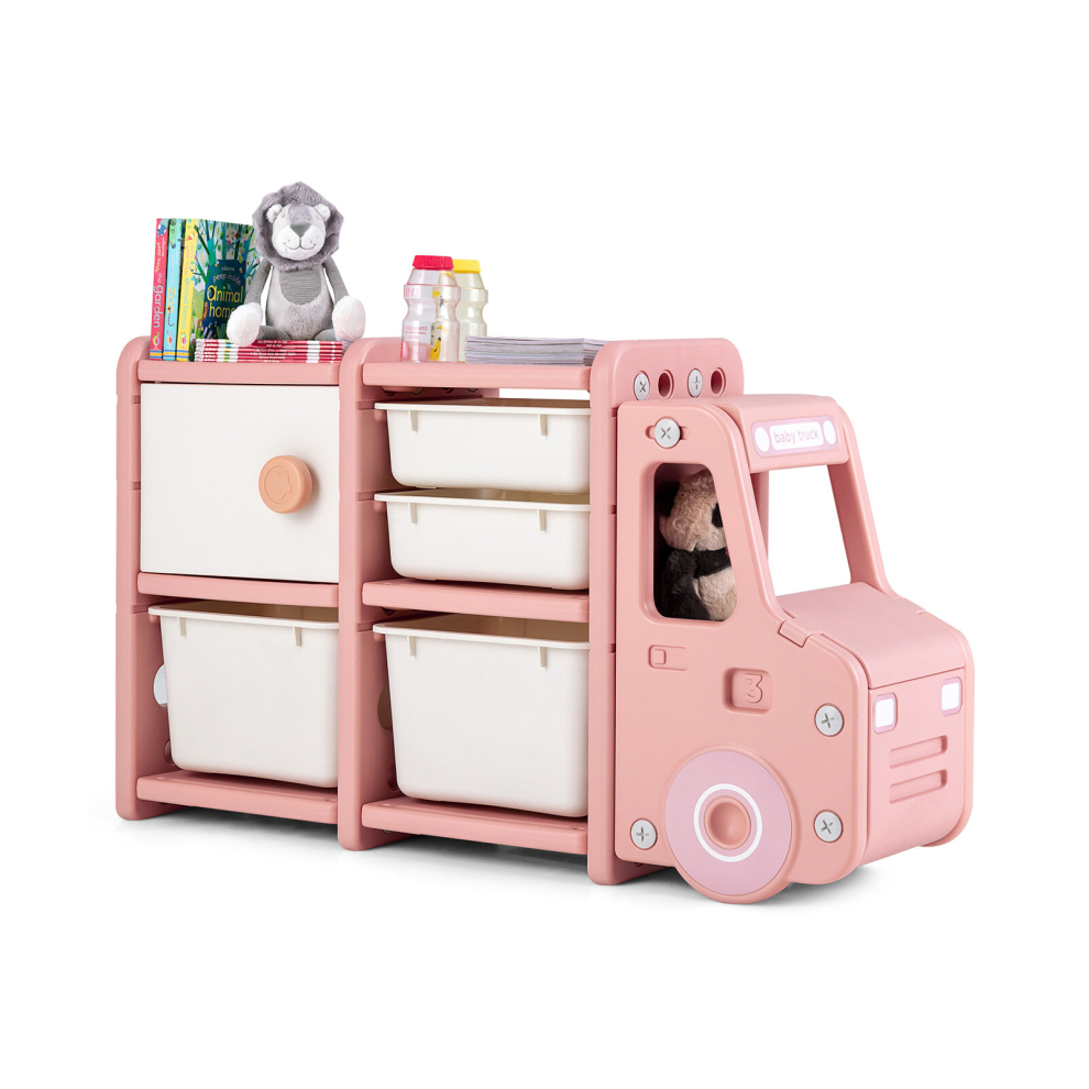 Kids Toy Storage Organizer Truck-shaped Toddler Cabinet w/ 2 Plastic Bins
