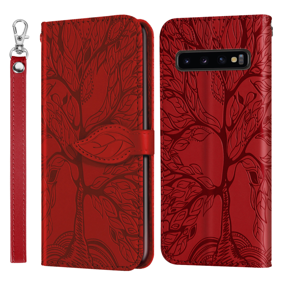 For Samsung Galaxy S10 Wallet Case,2 Credit Card Slot ID Card Holder,PU Leather Flip Case with Strap - Red