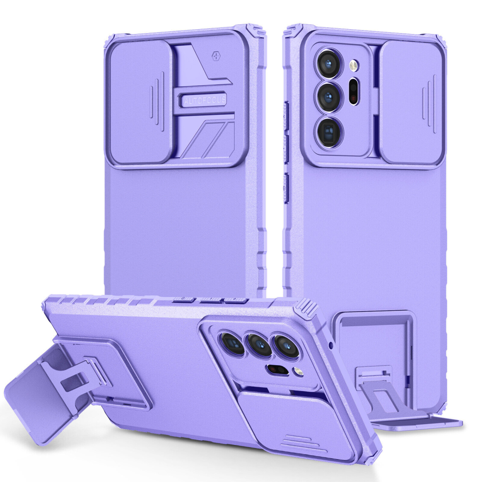 (Samsung Galaxy Note20 Ultra, Purple) Samsung Galaxy S22 S21 S20 Note20 Ultra Fe Plus Case, Rugged Dual Layer Stand Case With Sliding Camera Cover