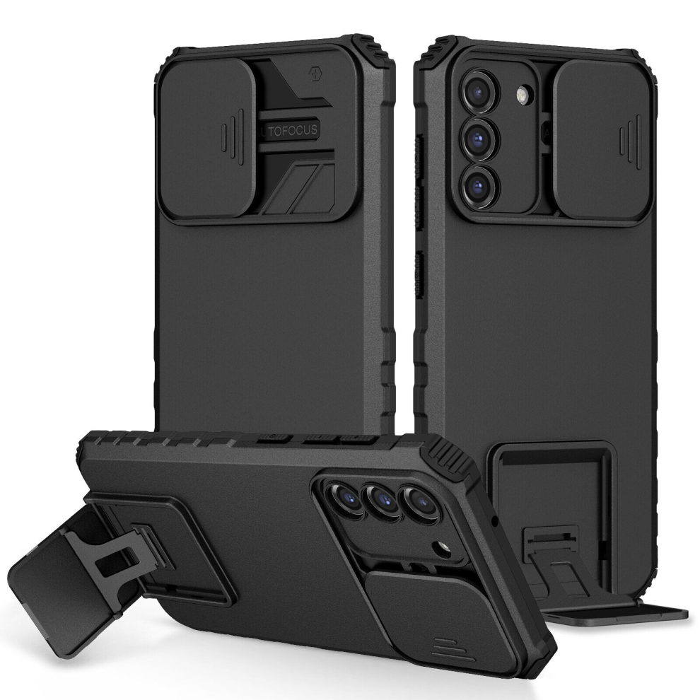 (Samsung Galaxy S21 Fe, Black) Samsung Galaxy S22 S21 S20 Note20 Ultra Fe Plus Case, Rugged Dual Layer Stand Case With Sliding Camera Cover
