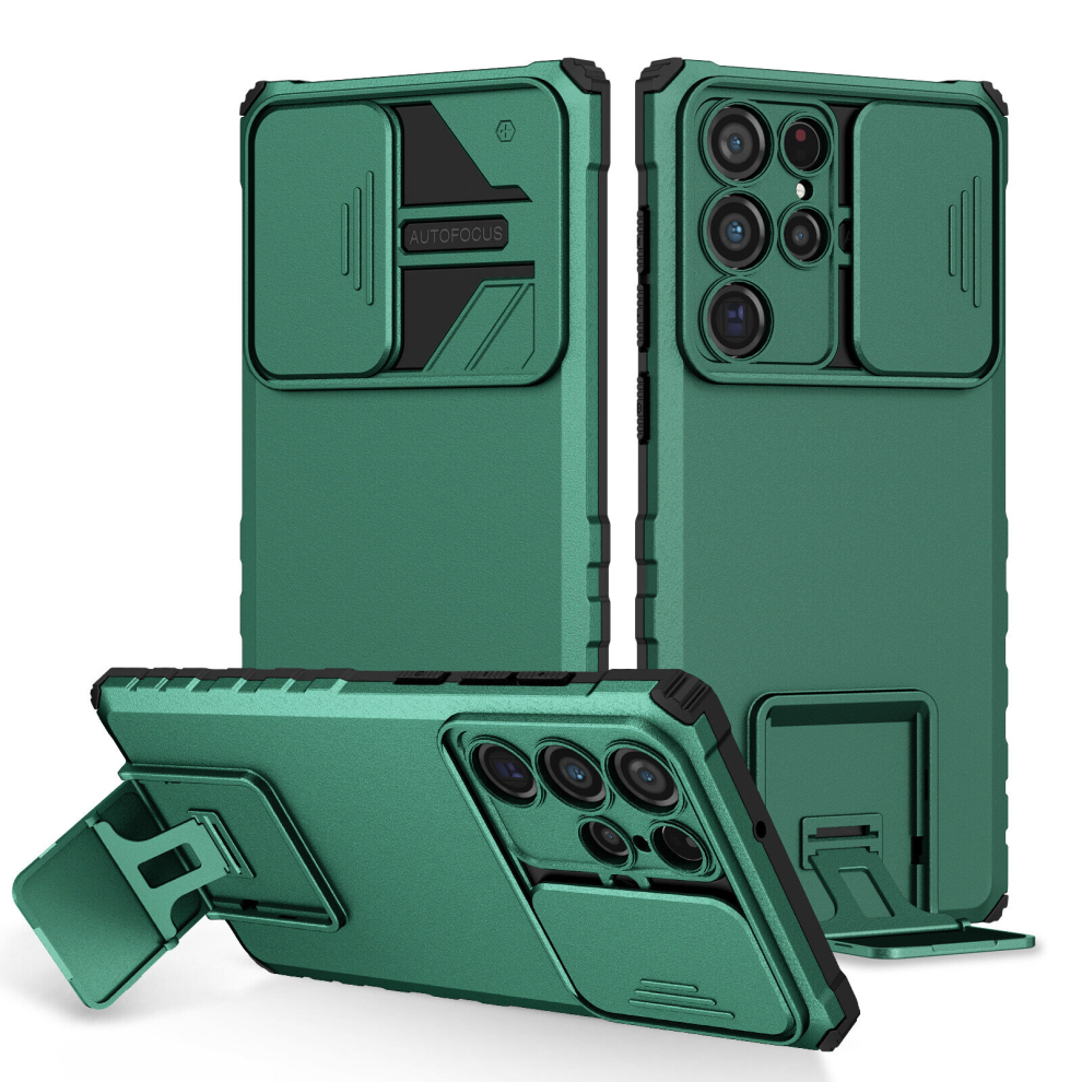 (Samsung Galaxy S22 Ultra, Green) Samsung Galaxy S22 S21 S20 Note20 Ultra Fe Plus Case, Rugged Dual Layer Stand Case With Sliding Camera Cover