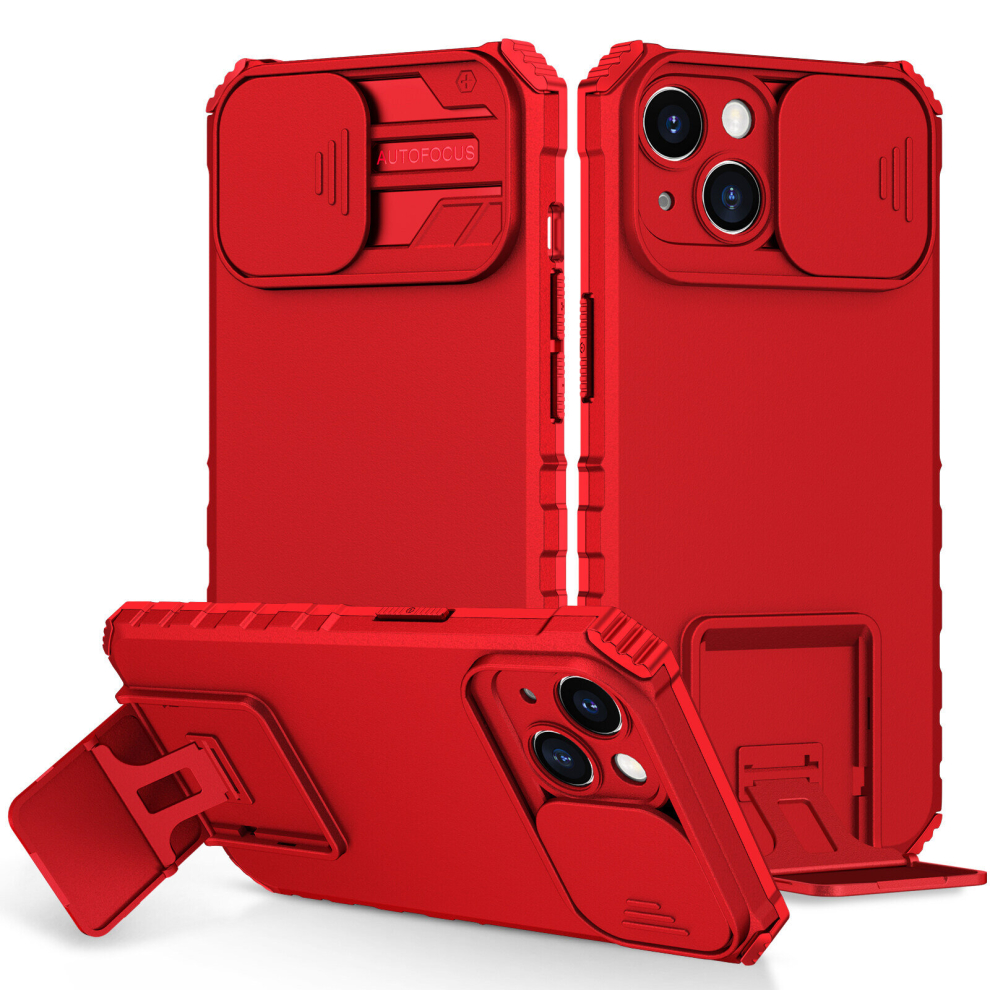 (iPhone 14, Red) For iPhone 14 13 12 Plus Pro Max Pro Case, Rugged Dual Layer Stand Case With Sliding Camera Cover