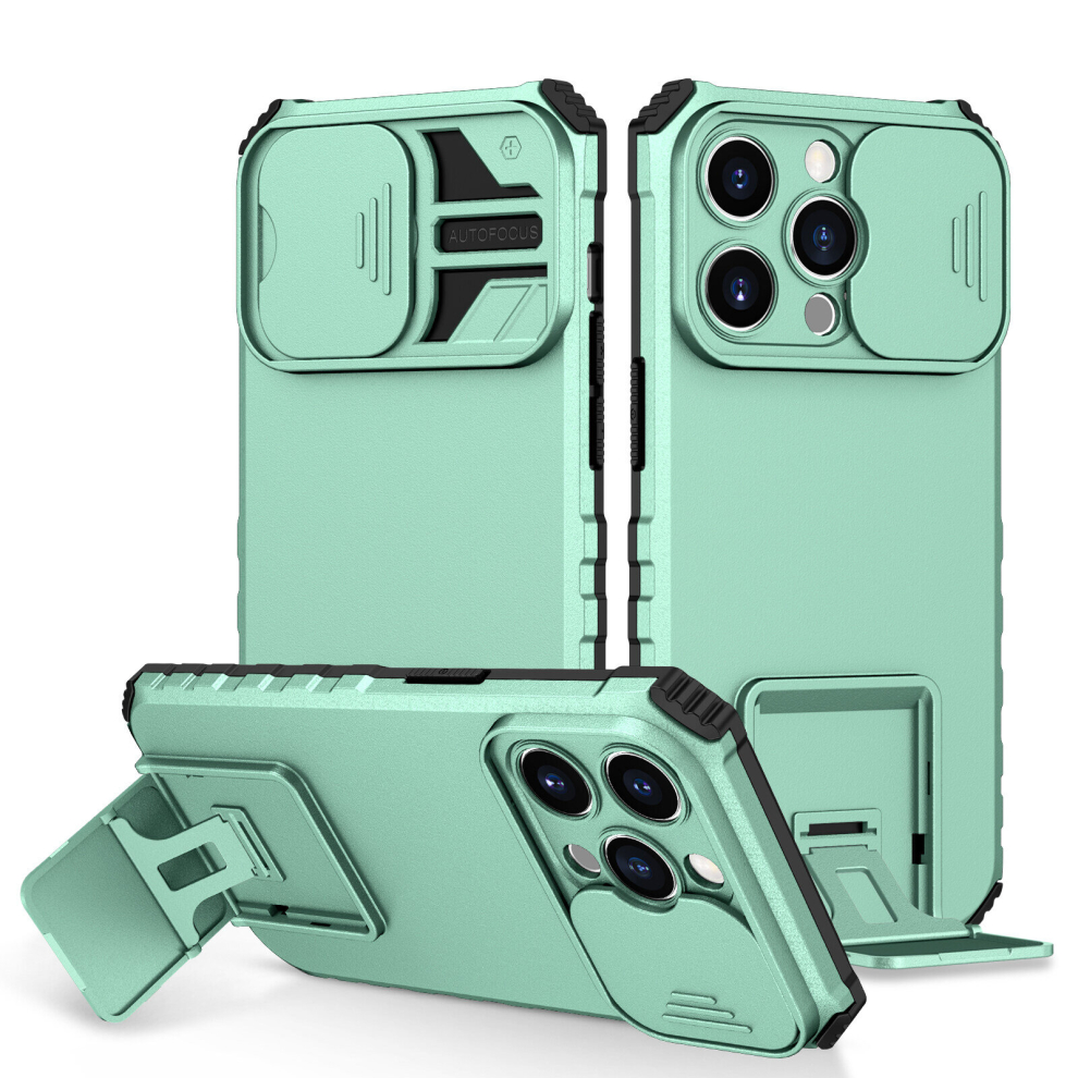 (iPhone 14 Pro, Mint) For iPhone 14 13 12 Plus Pro Max Pro Case, Rugged Dual Layer Stand Case With Sliding Camera Cover