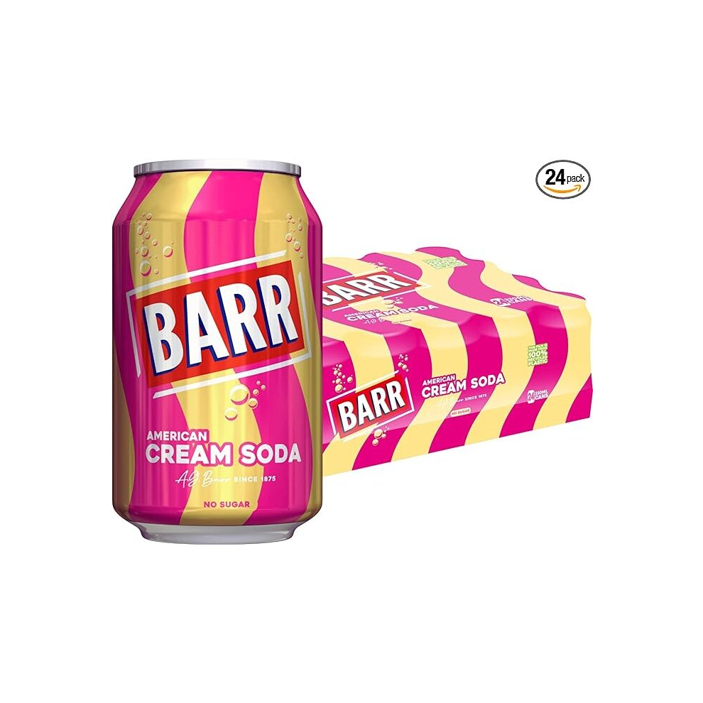 BARR since 1875, American Cream Soda, No Sugar Sparkling Soft Drink with a Creamy Taste of American Cream Soda, "Fizzing with Fun" - 24 x 330ml Cans