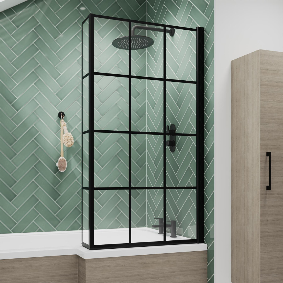 Bath Shower Screen Door Hinged 800mm Black Grid Square 6mm Glass Return Panel