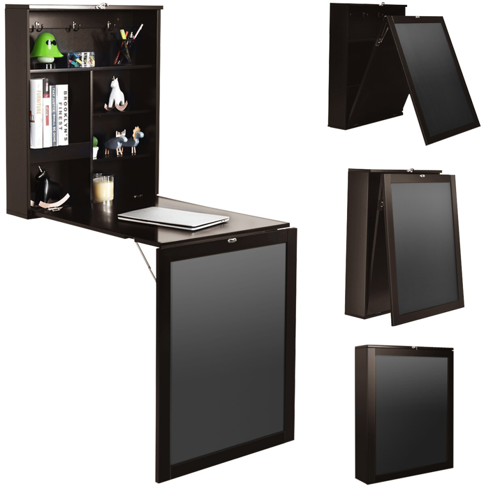 Folding Table Wall Mounted Desk W/ Storage Shelves & Blackboard