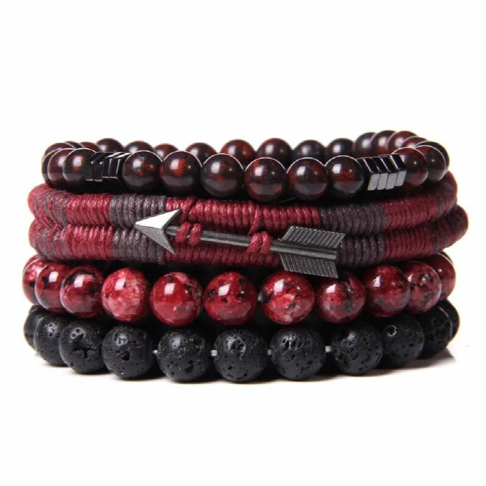 Vintage Red Wrap Leather Bracelets For Men Arrow Charm Wood Beads Multilayer Rope Stone Bracelet Set Ethnic Tribal Wristbands-image-OPC-PCWBS8H-NEW