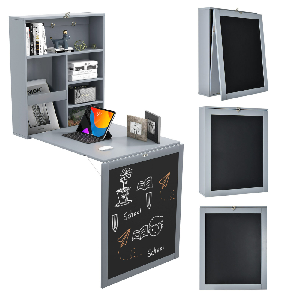 Folding Table Wall Mounted Desk W/ Storage Shelves & Blackboard