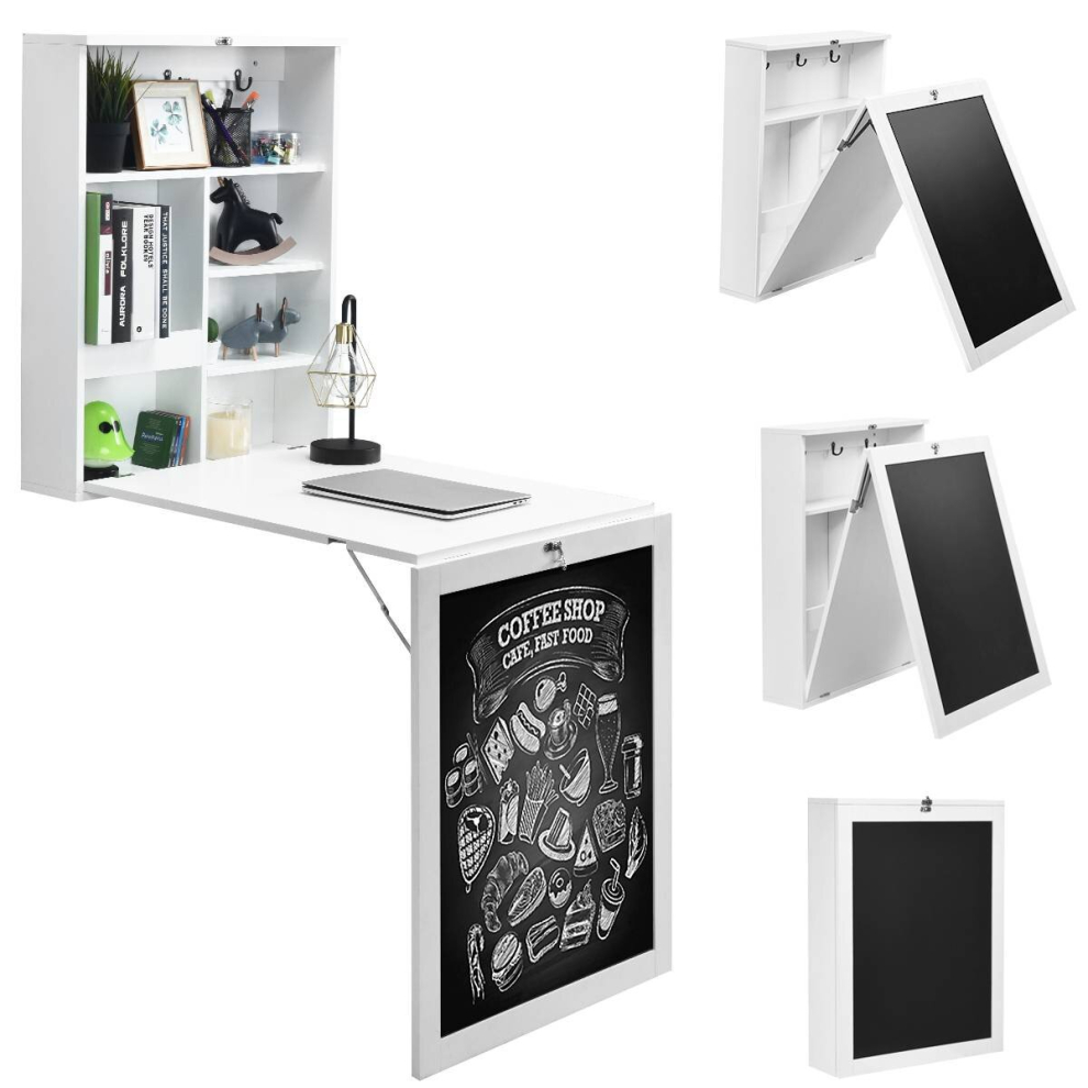 Folding Table Wall Mounted Desk W/ Storage Shelves & Blackboard