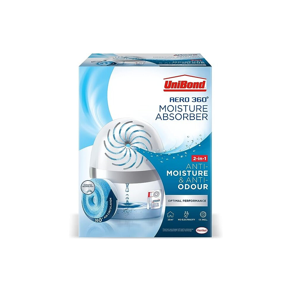 UniBond AERO 360 Moisture Absorber Absorbent Dehumidifier to Condensation Mould Smells Refillable Condensation Absorber1 Device incl 1 Refill Tab 450g