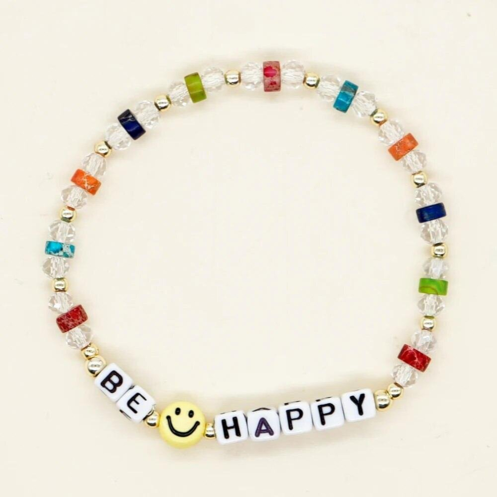 BE HAPPY Letter Bracelet Smiley Natural Stone Colorful Spacer Clear Crystal Beaded Bracelets for Women Funky Jewelry-image-OPC-PCWCQXD-NEW