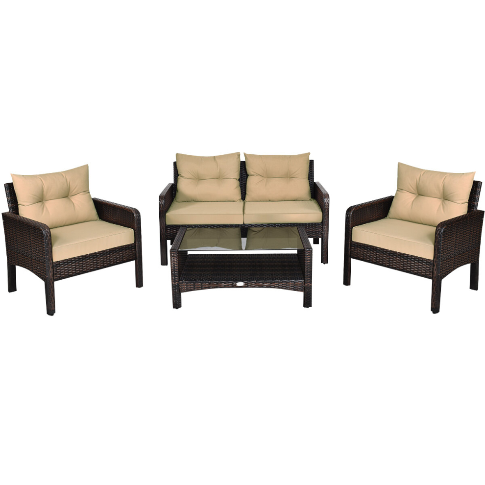 4 PCS Patio Rattan Table and Chair Set w/Cushions Outdoor Furniture